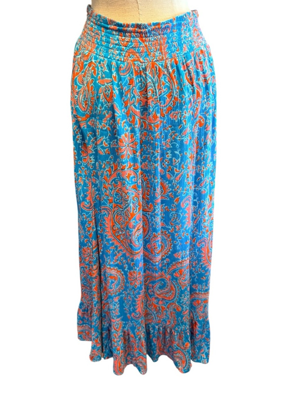 East 5th Boho Paisley Maxi Skirt Large Blue Orange‎ Smocked Waist Festival Skirt - Picture 2 of 7